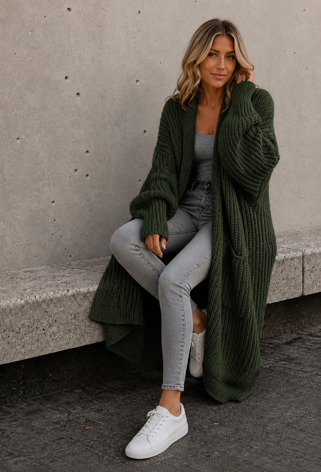 Women's army green knitted cardigan with pockets