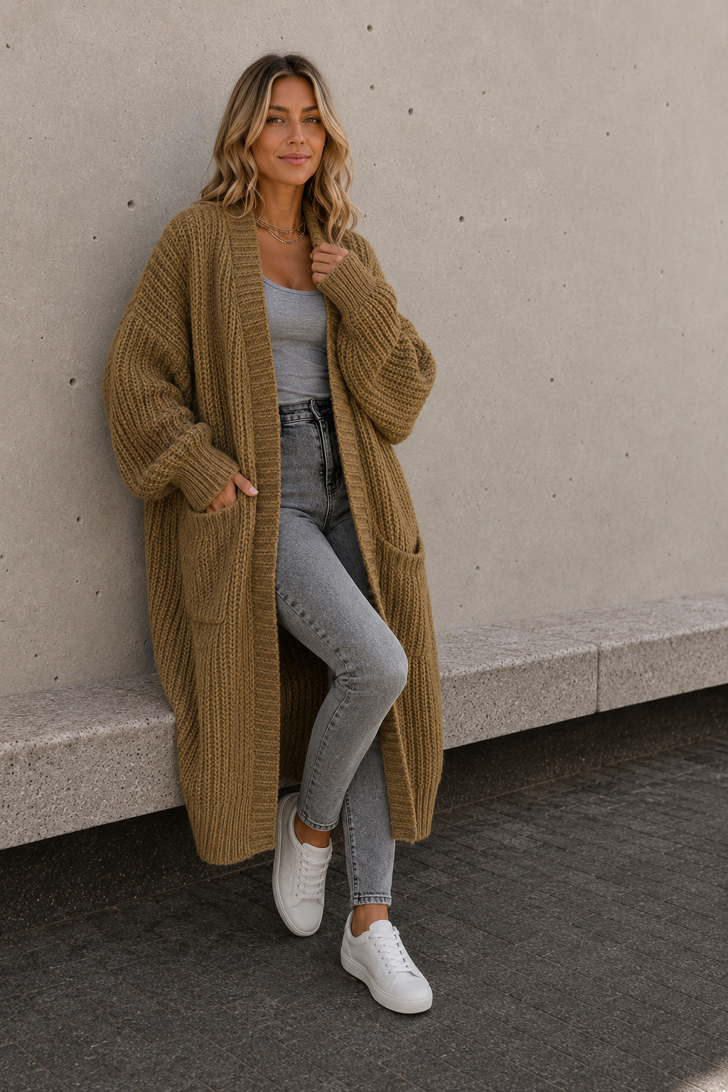 Women's brown long knitted cardigan with open front