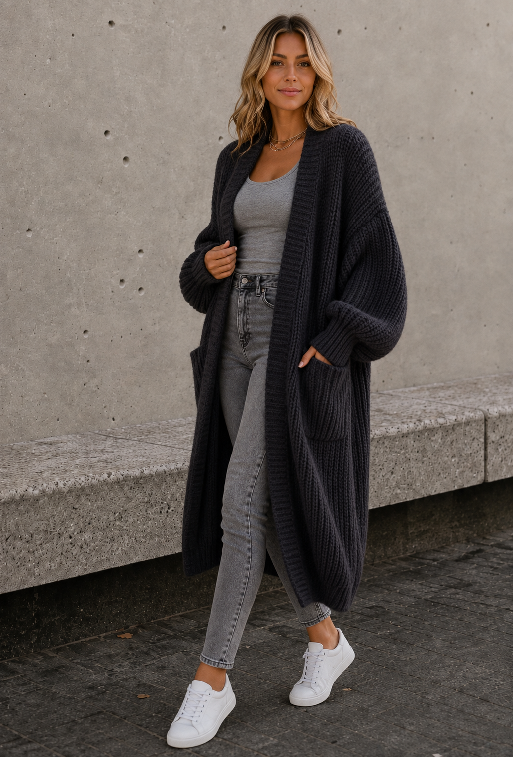 Women's black long knitted cardigan with pockets