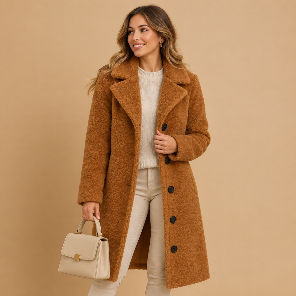 Women's camel teddy long coat with relaxed fit and lapel collar