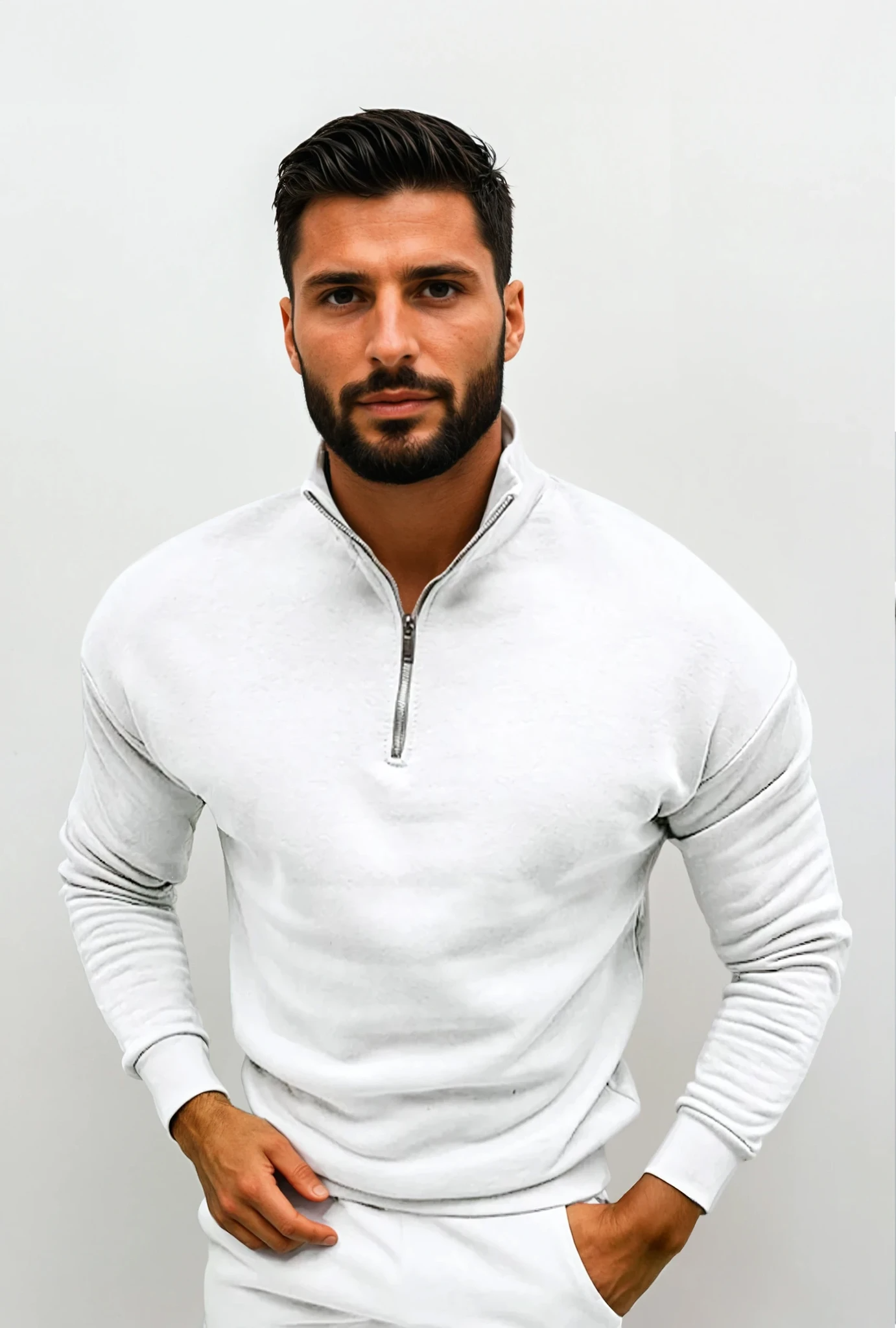 Men's long-sleeve knitted sweater featuring a half-zip neckline and ribbed hem