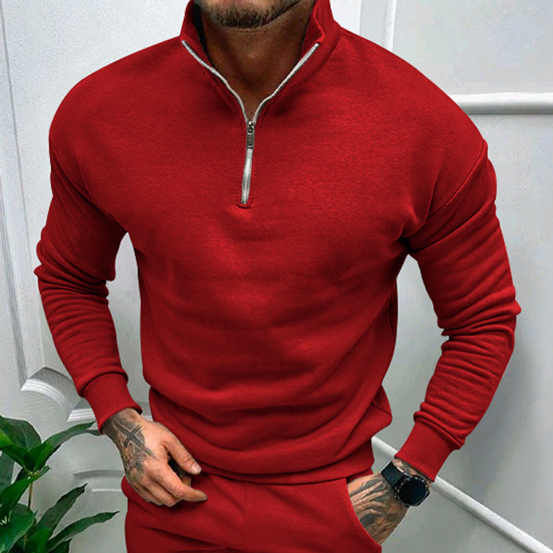 Men's half-zip knitted sweater with stand-up collar and even-knit texture