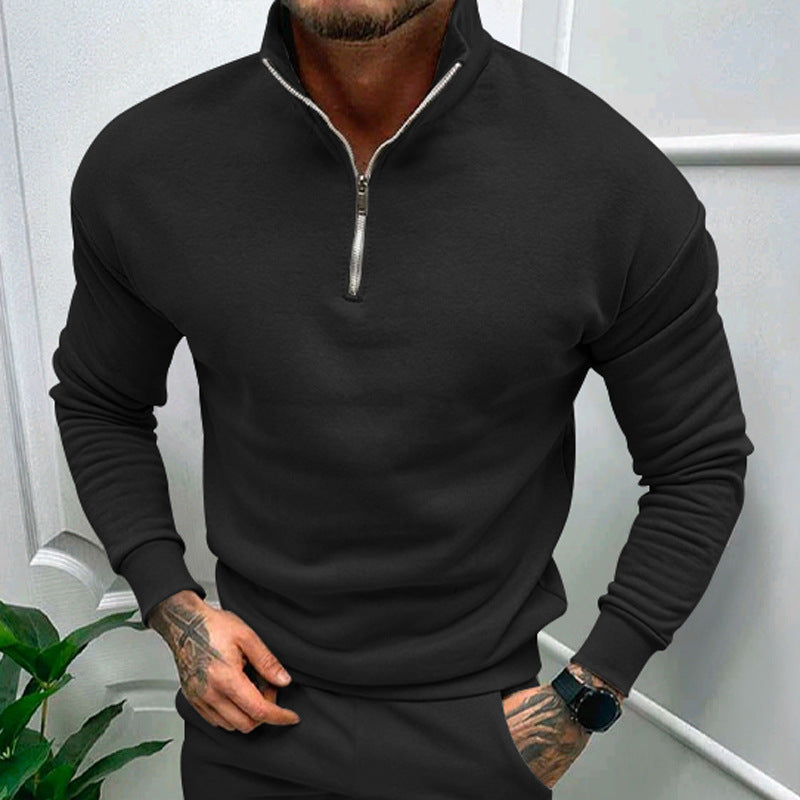 Knitted men's sweater with half-zip neckline and long ribbed sleeves