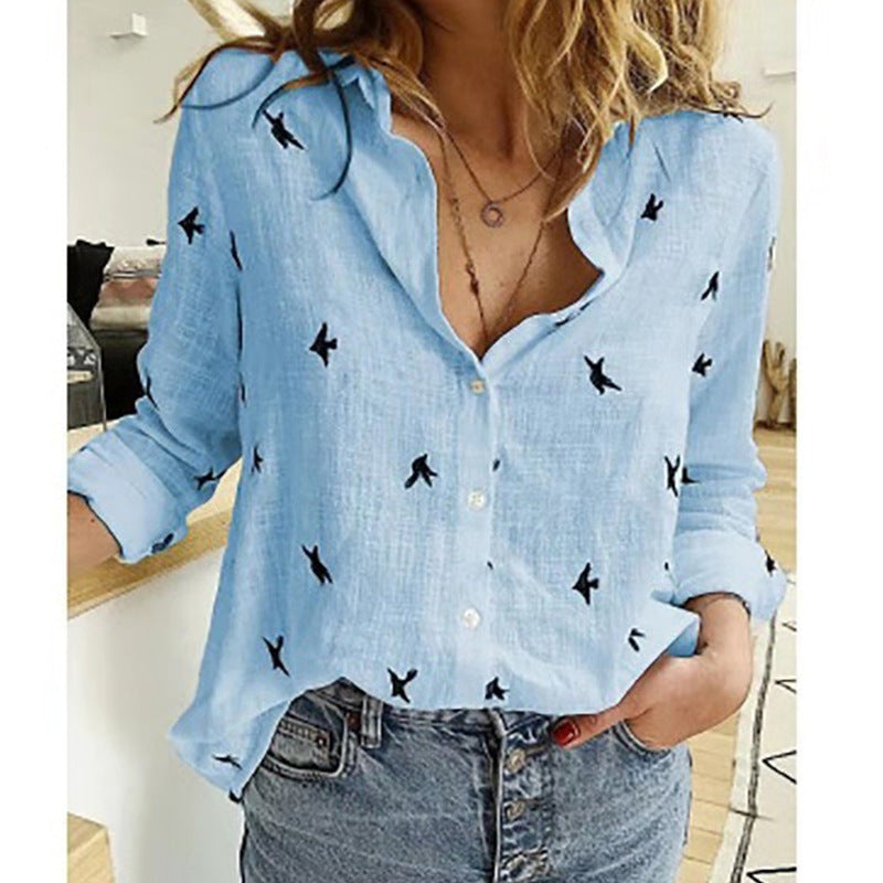 Women's linen-blend long-sleeve shirt featuring an all-over bird print