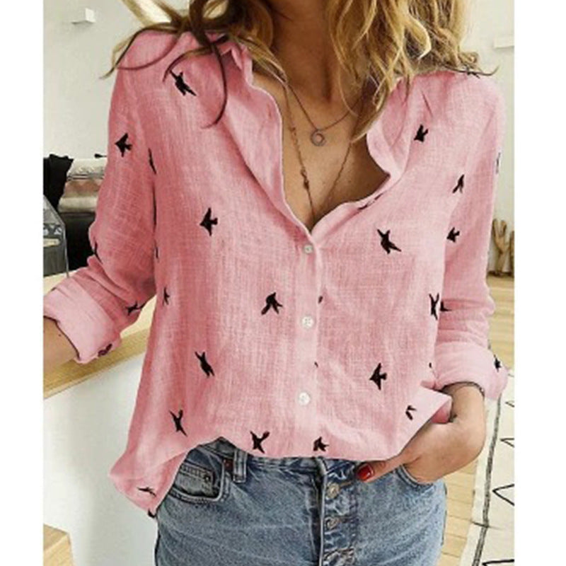 Long-sleeve linen-blend women's shirt with open collar and relaxed silhouette