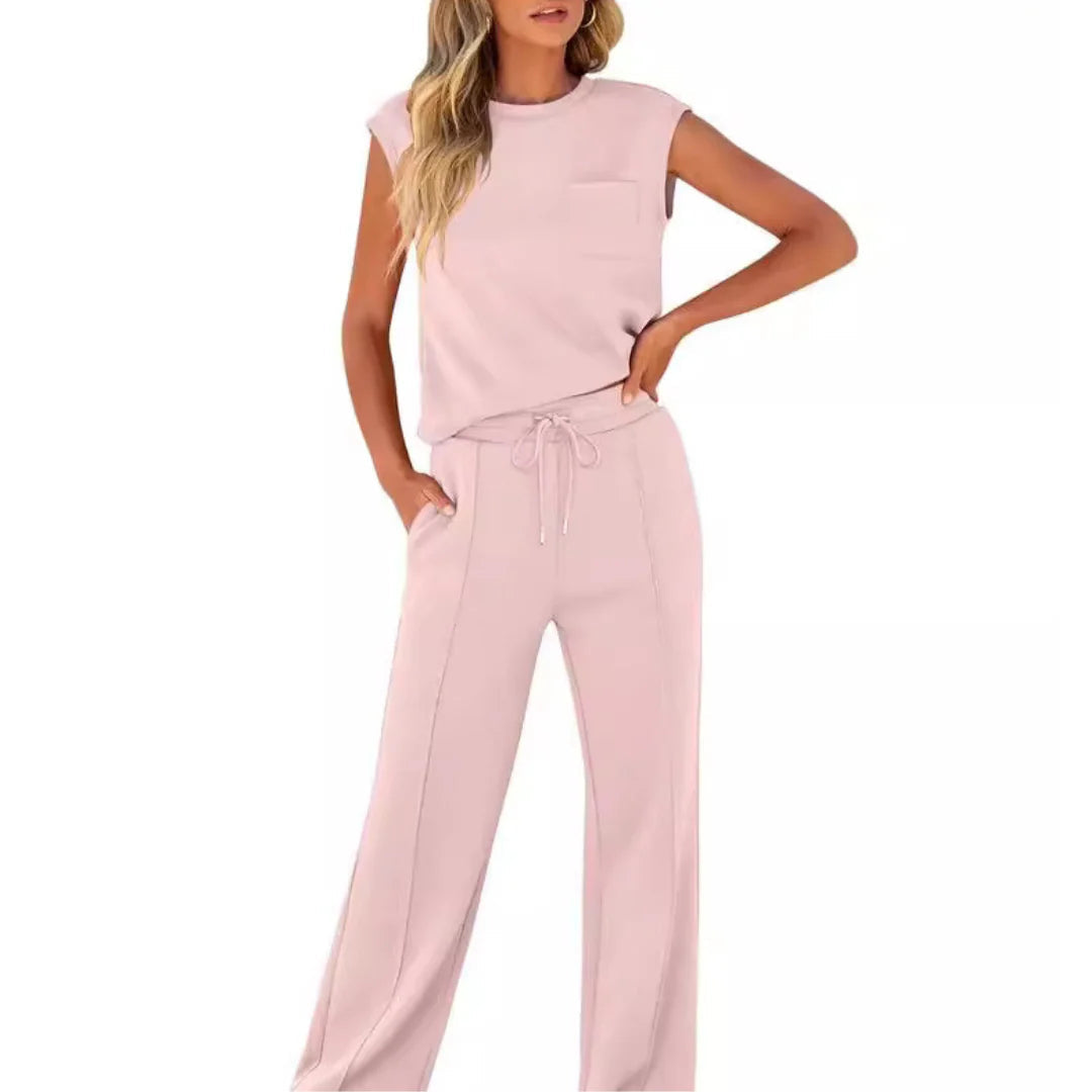 Women's coordinated two-piece set with a round-neck top and drawstring waistband pants