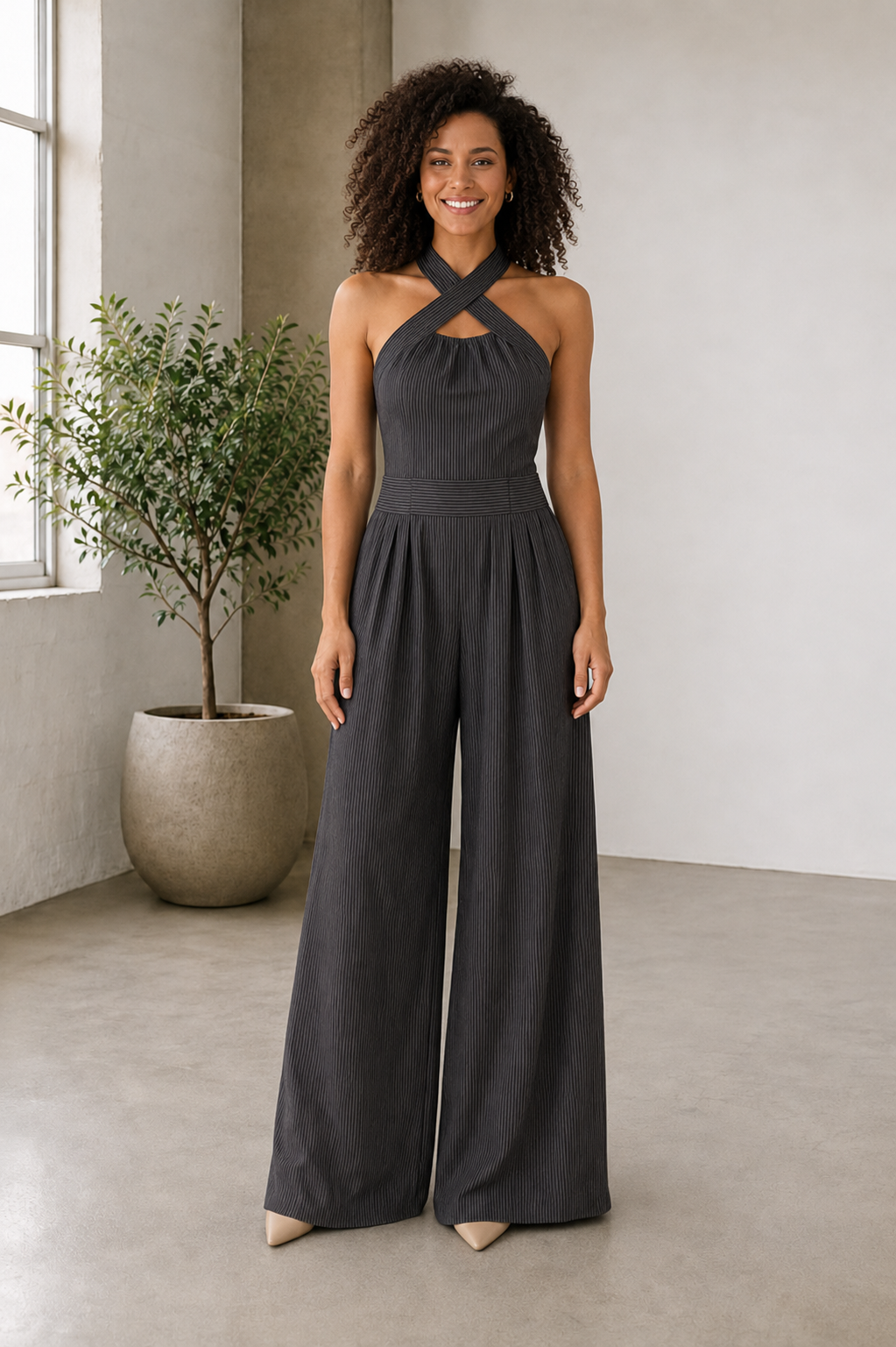 Linen halter jumpsuit with crossed neckline