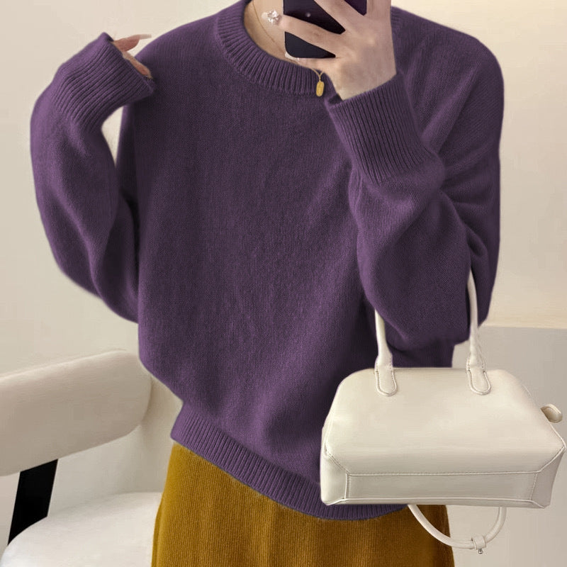 Women's fuzzy knitted sweater styled as a casual autumn outfit