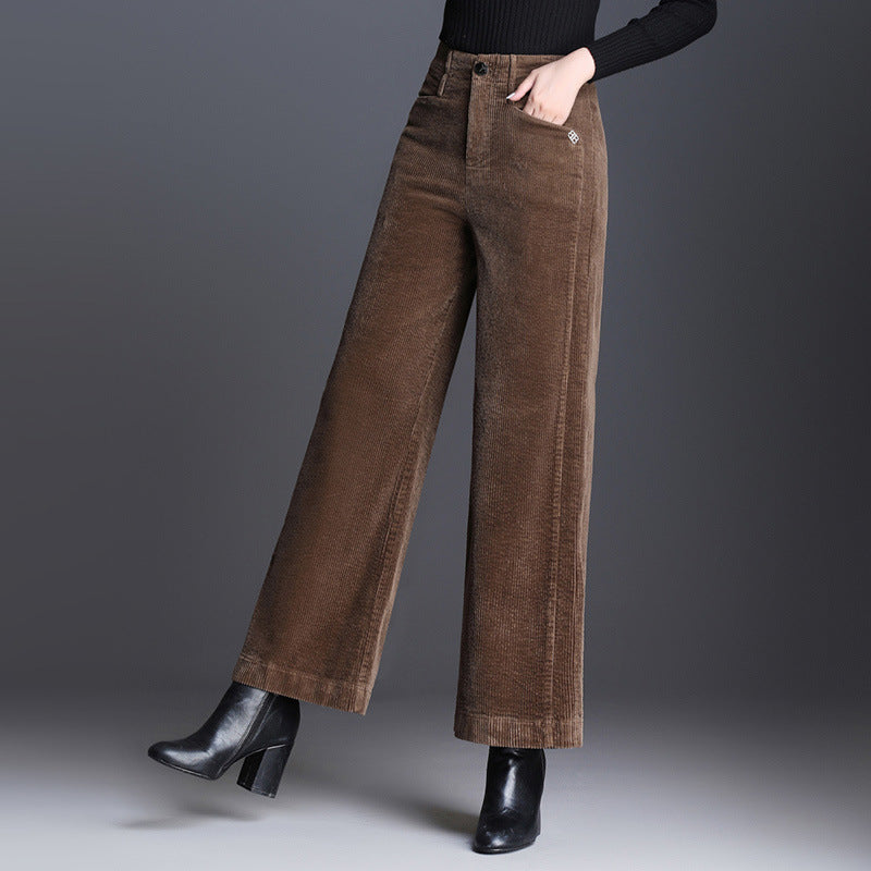 Bomullscord byxor med hög midja och vida ben för kvinnor