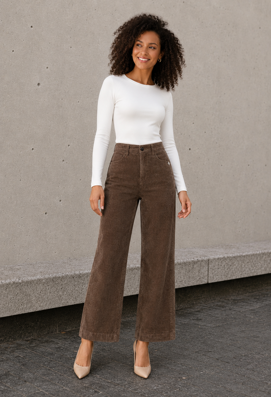 Women's wide-leg corduroy trousers with high waist and full-length silhouette
