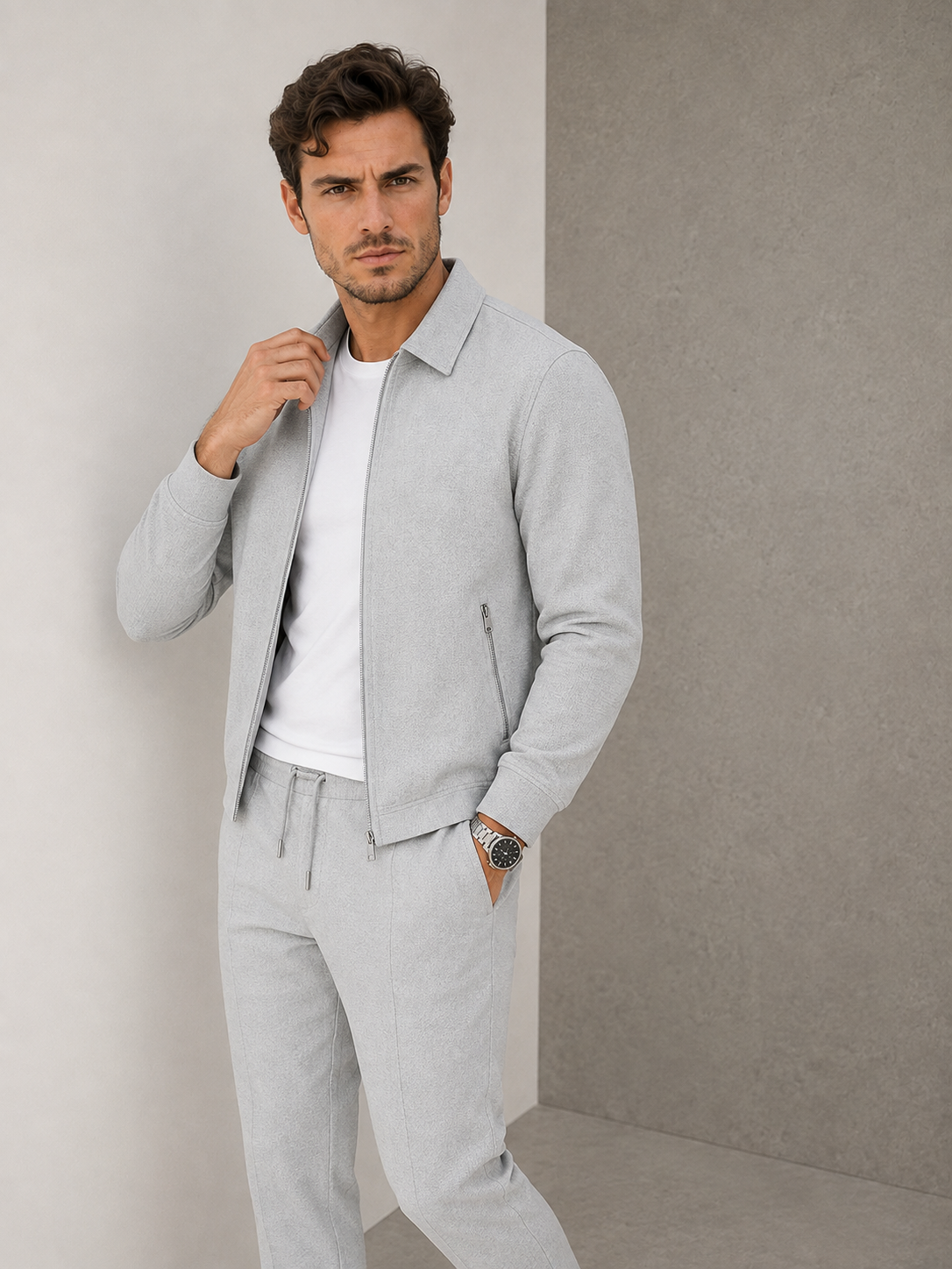 Men's gray beige waffle matching set with zip jacket and trousers