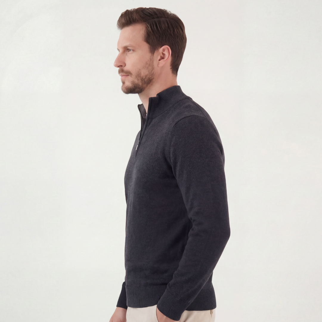 Men's gray half-zip sweater side view with stand collar