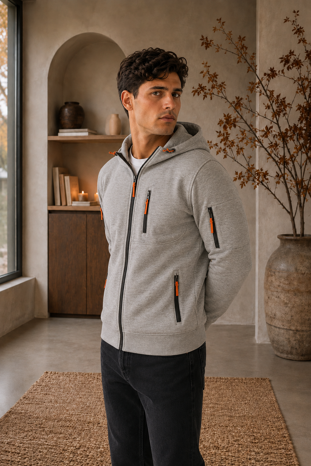 Men's light gray zip-up hoodie with hood and front pockets