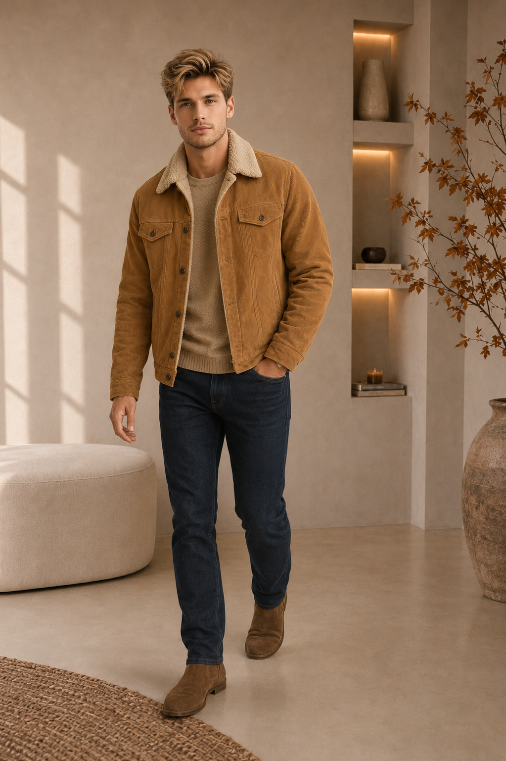 Men's khaki waterproof winter jacket with hood