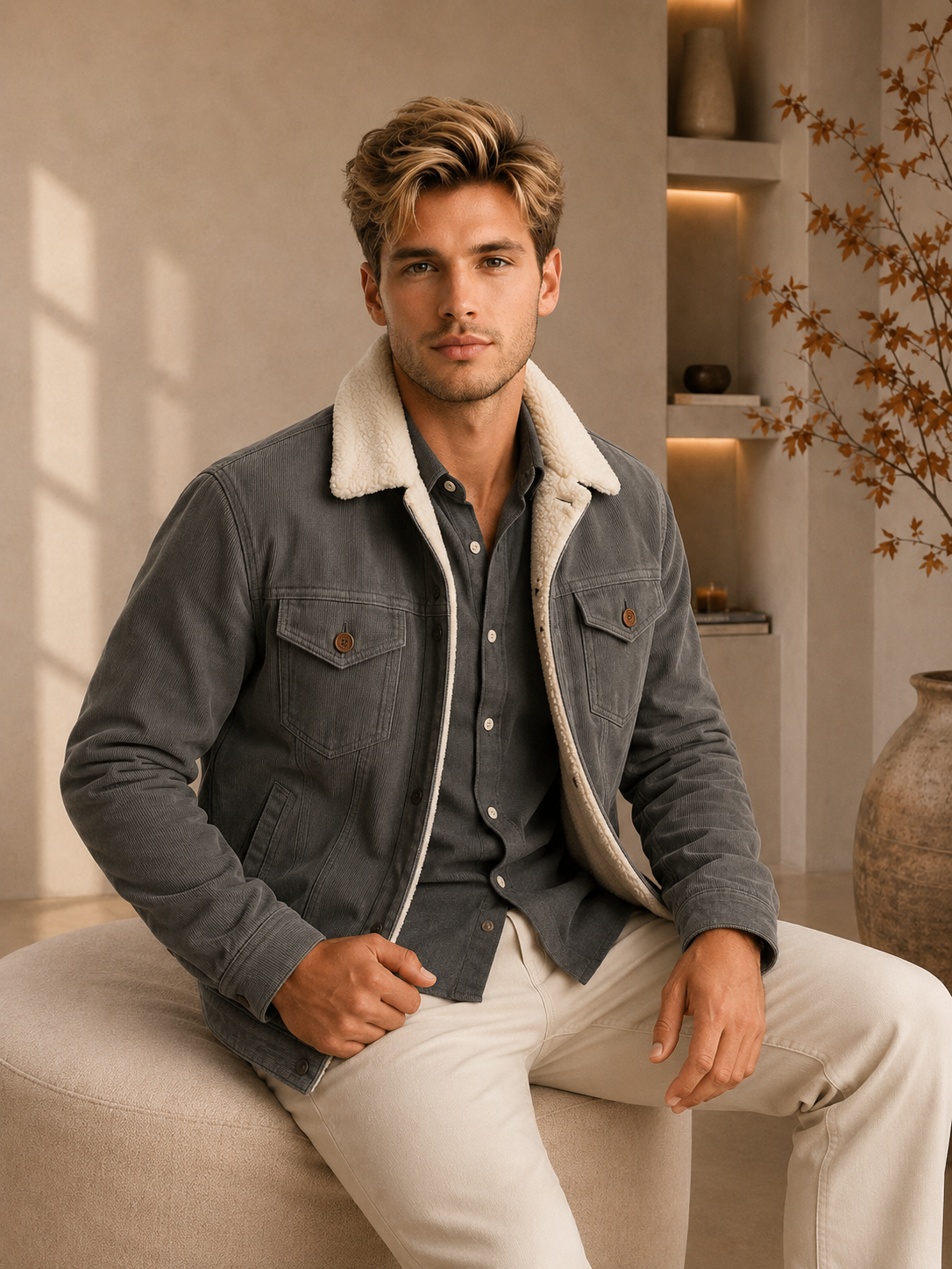 Men's gray waterproof winter jacket with hood