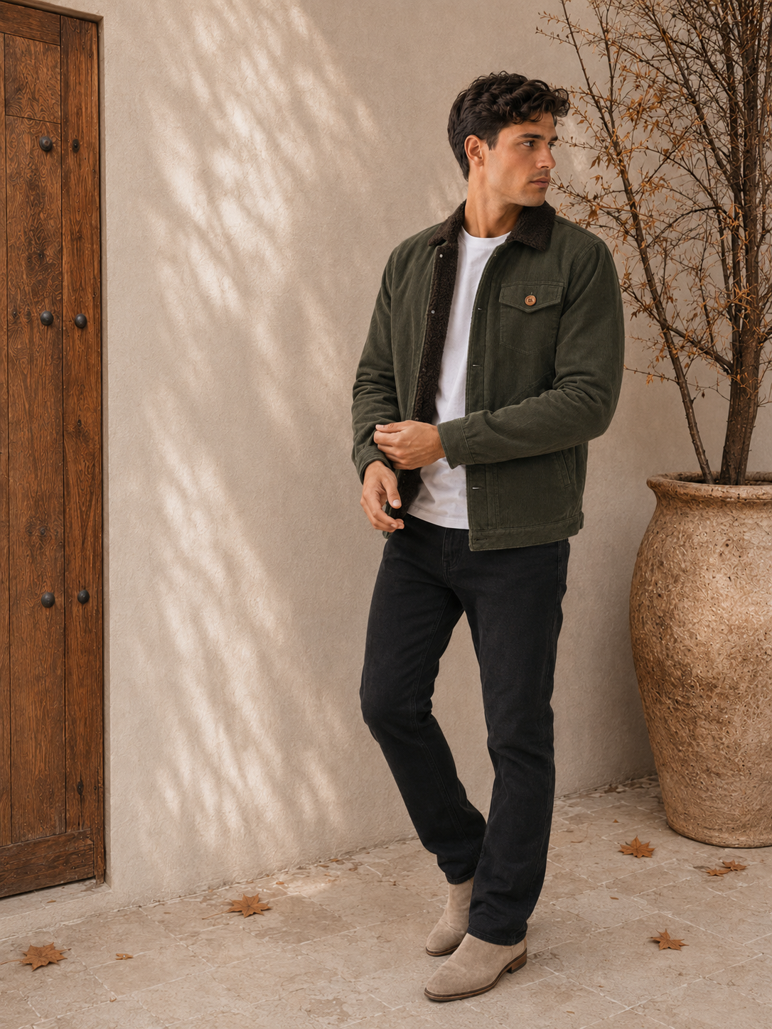 Men's classic lined jacket in green with button front