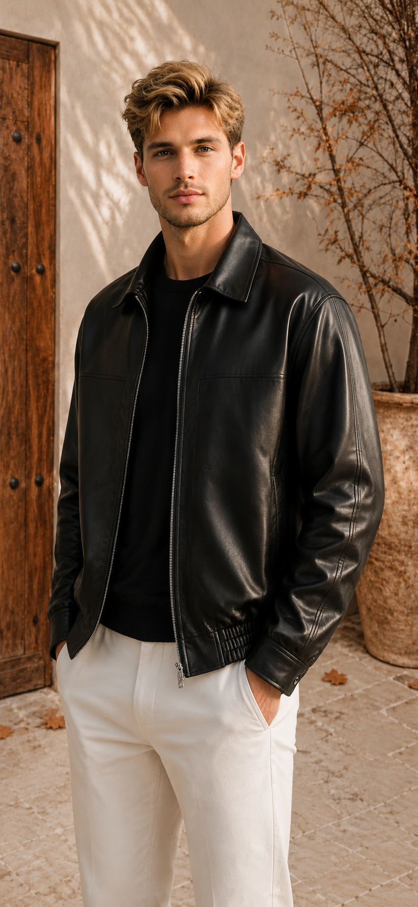 Men's brown leather-look jacket straight collar
