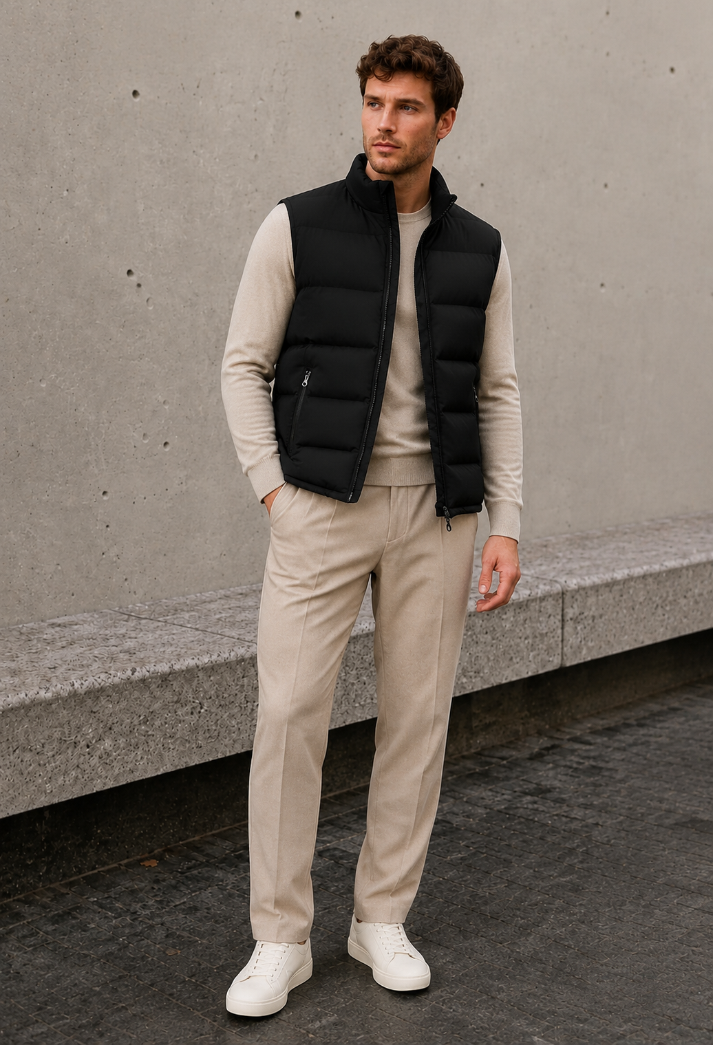 Men's black padded bodywarmer with high collar and zipper pockets