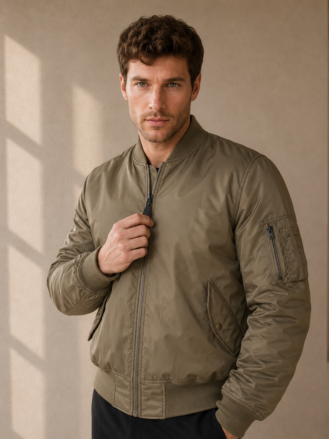 Men's khaki padded bomber jacket with zip closure