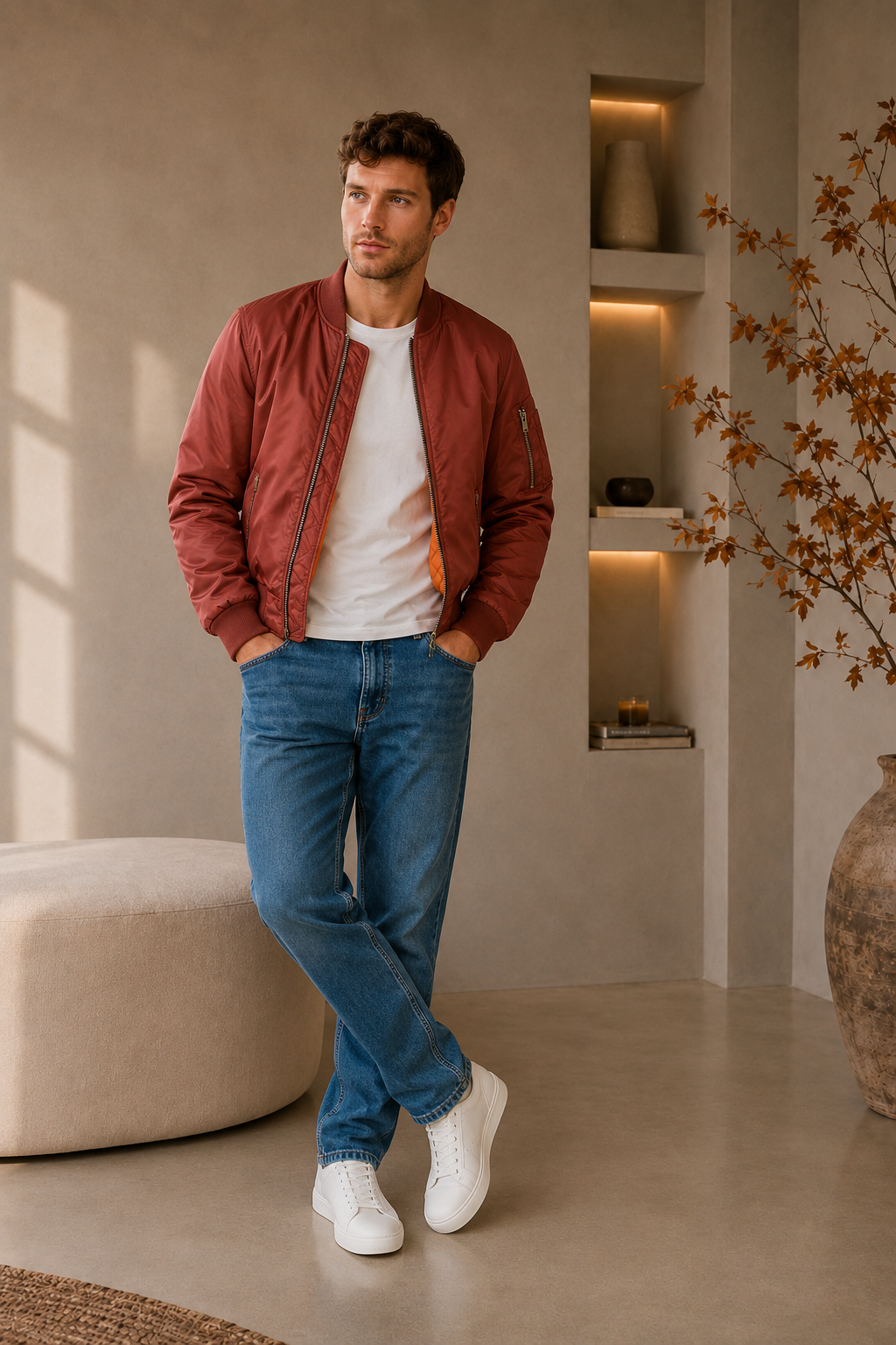 Men's wine red padded bomber jacket with orange quilted lining