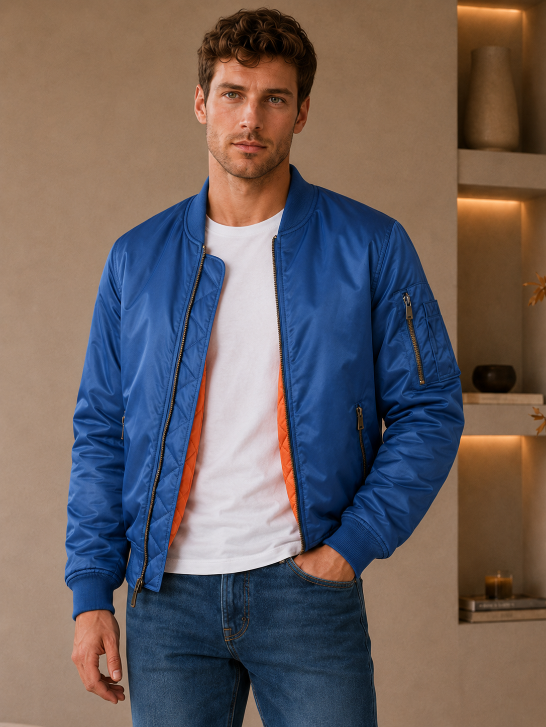 Men's blue padded bomber jacket with orange quilted lining