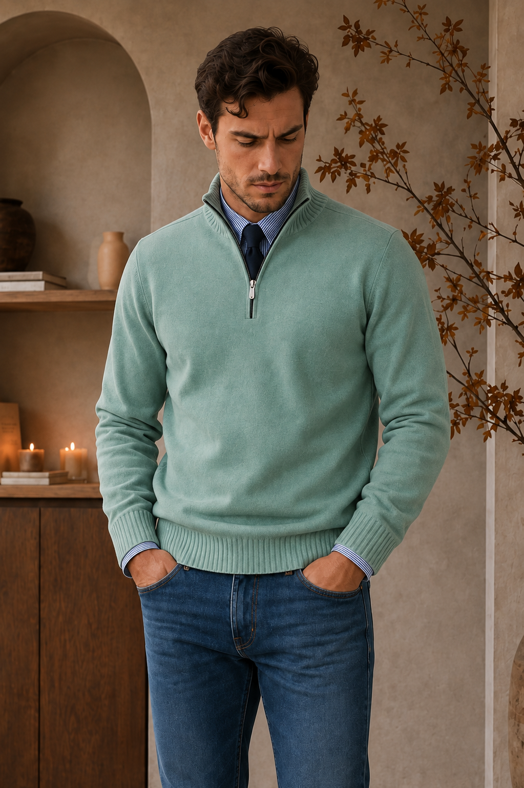 Men's green half-zip sweater regular fit
