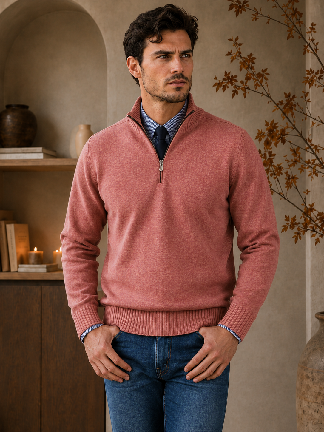 Men's pink half-zip sweater regular fit