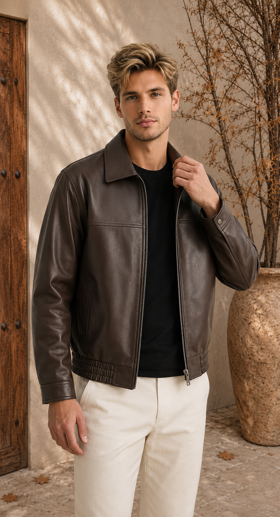 Men's brown leather-look jacket slim fit