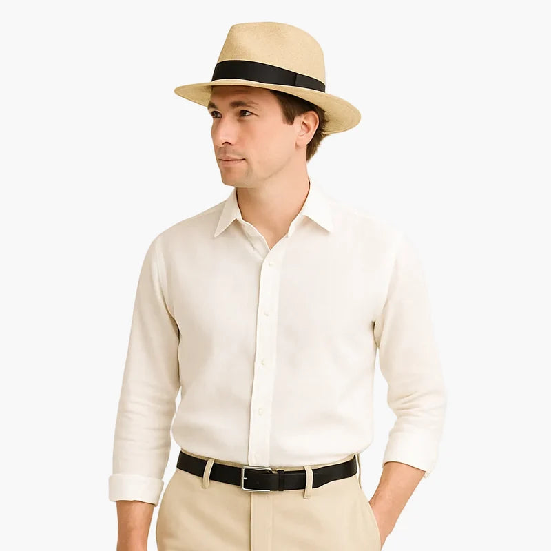 Men's Beige Panama Sun Hat with Black Band