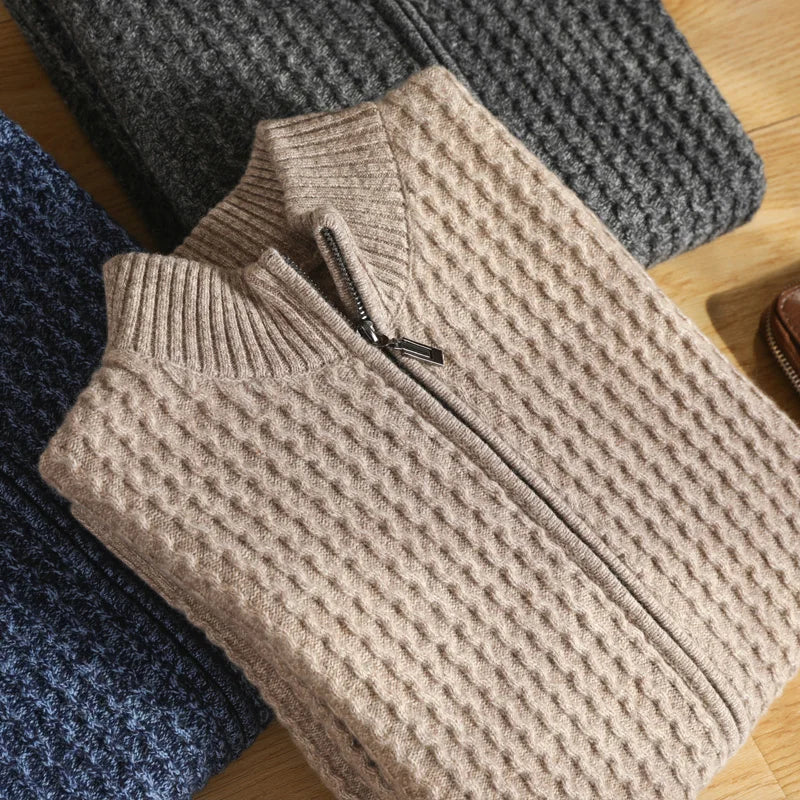 Men's zip-up knit sweater with all-over textured pattern and ribbed cuffs