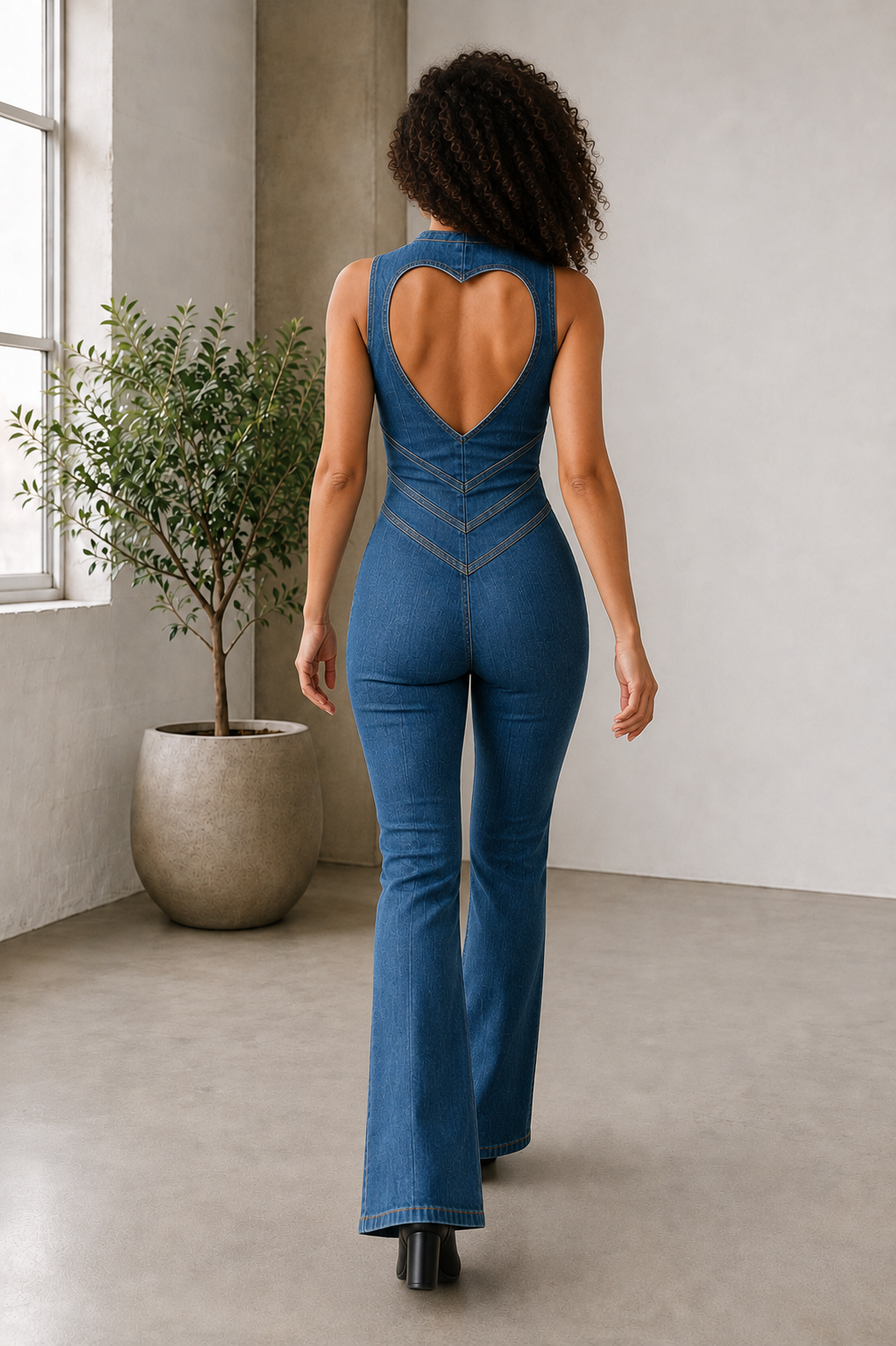 Women's fitted blue denim jumpsuit with open-back cutout detail