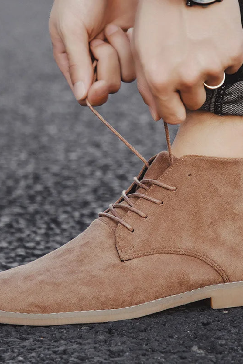 Men's suede desert boots — pair displayed flat lay, spring and autumn casual footwear