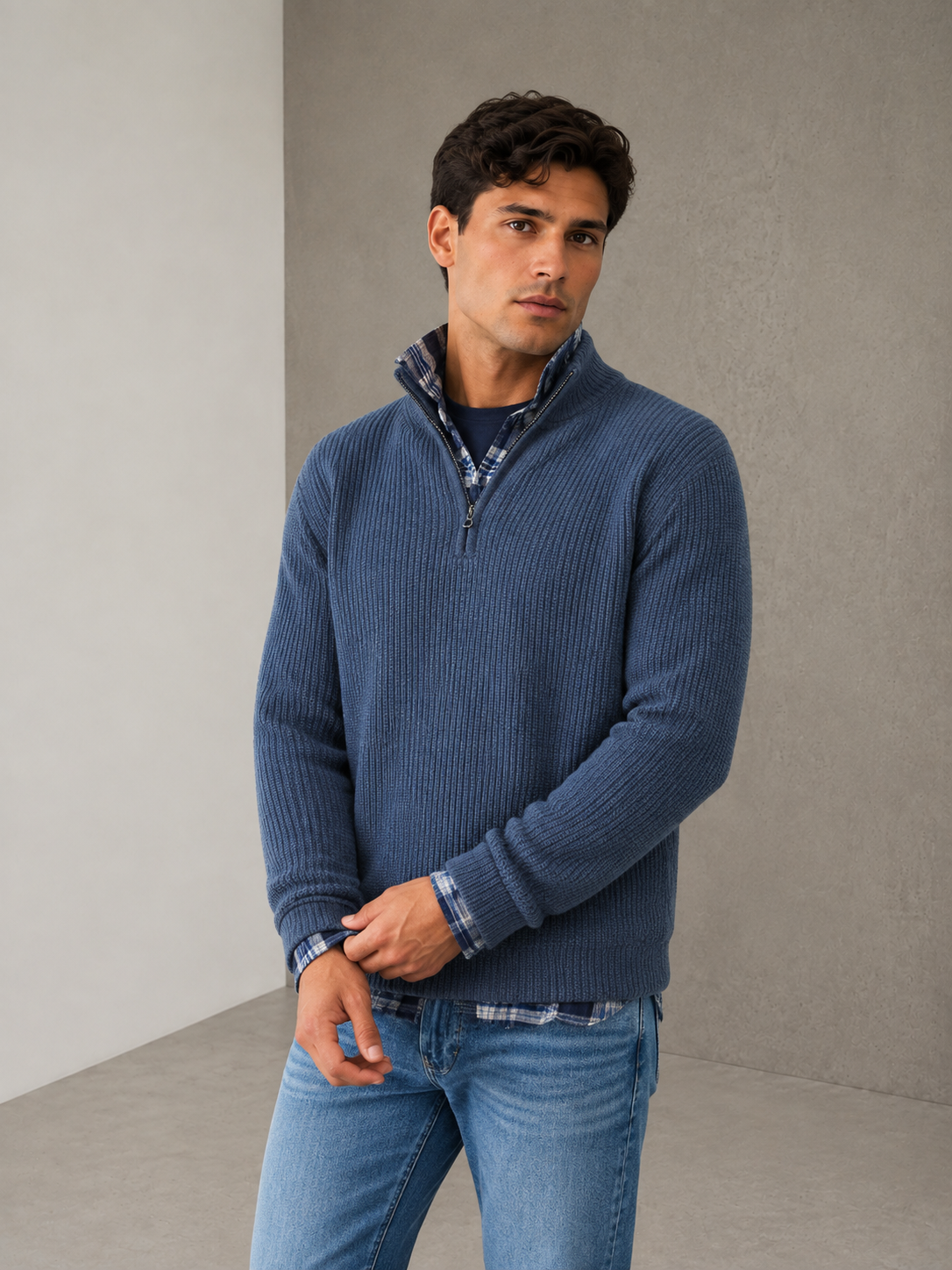 Blue half-zip knit sweater for men