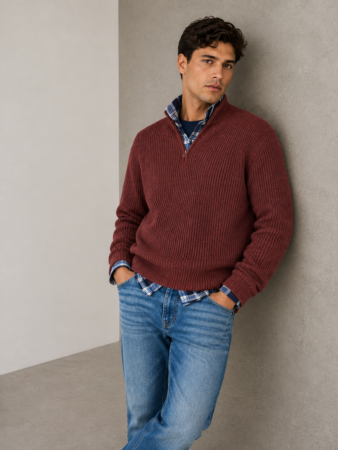 Red half-zip knit sweater for men