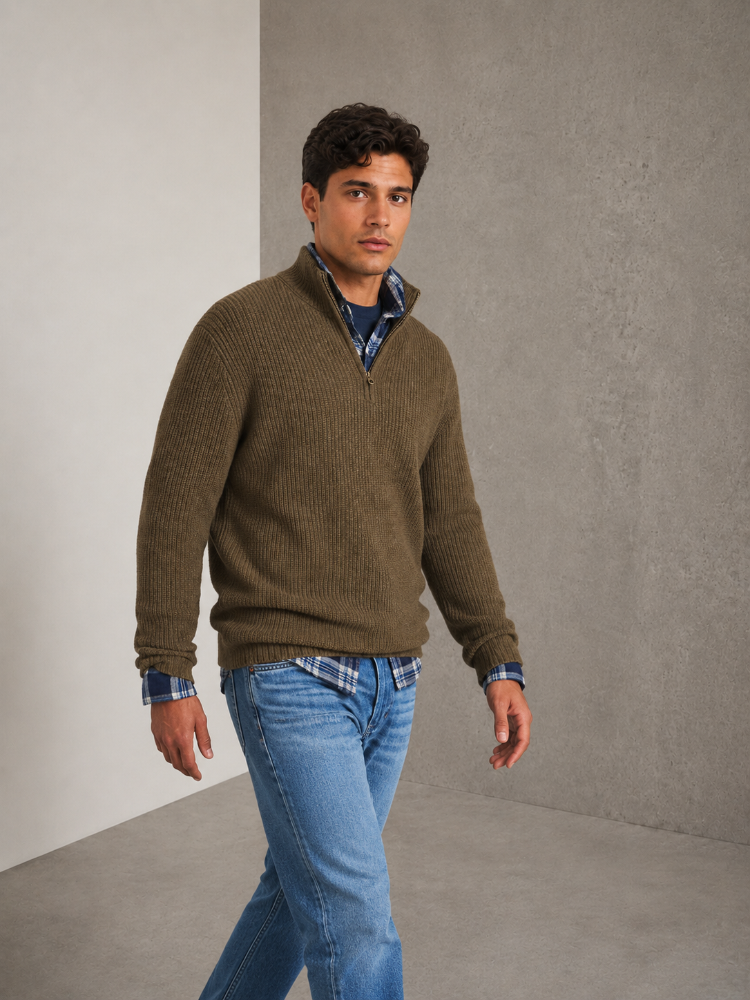 Brown half-zip knit sweater for men