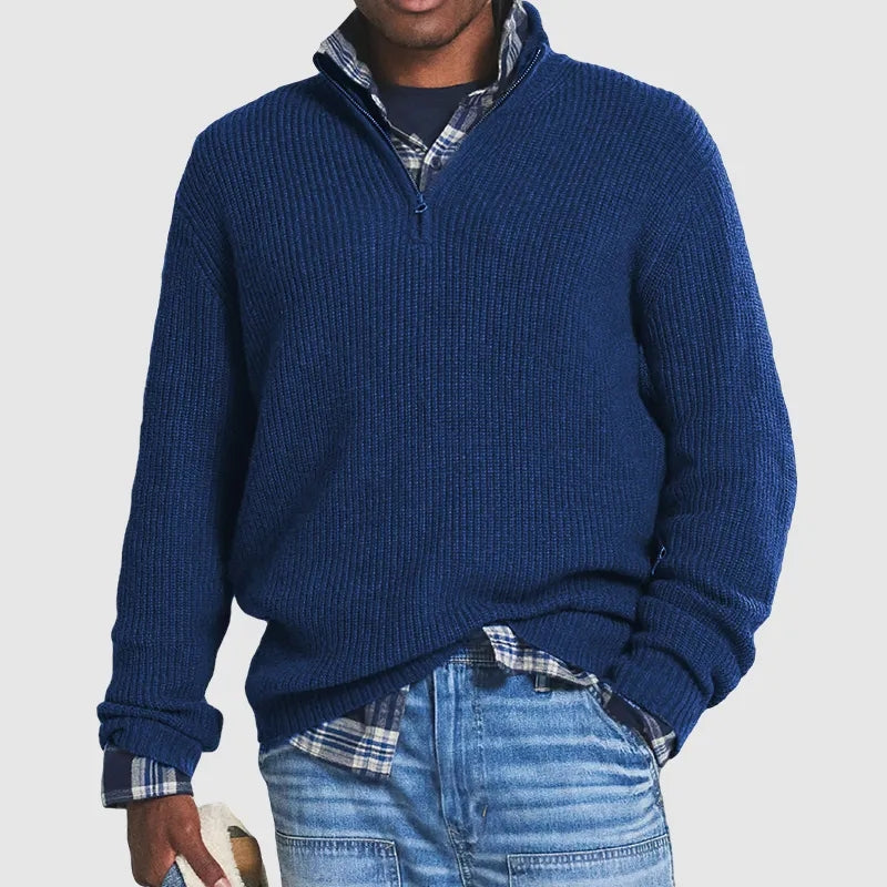 Men's knitted half-zip sweater with long sleeves and stand-up collar in cotton-blend