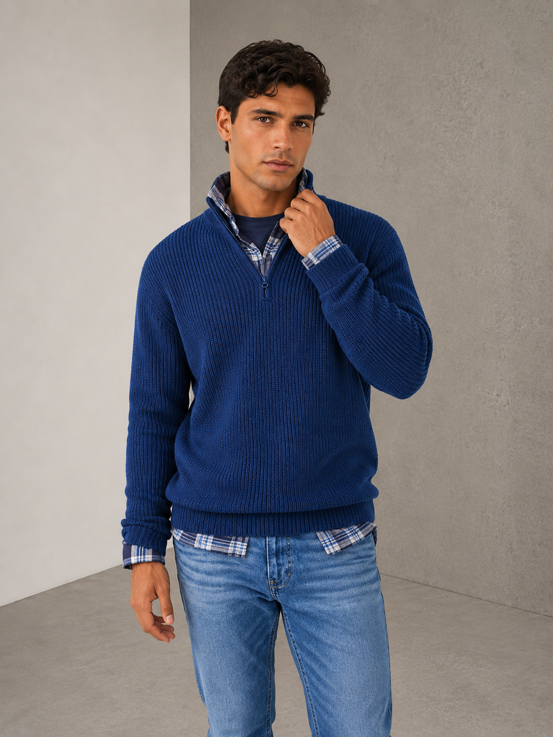 Dark blue half-zip knit sweater for men