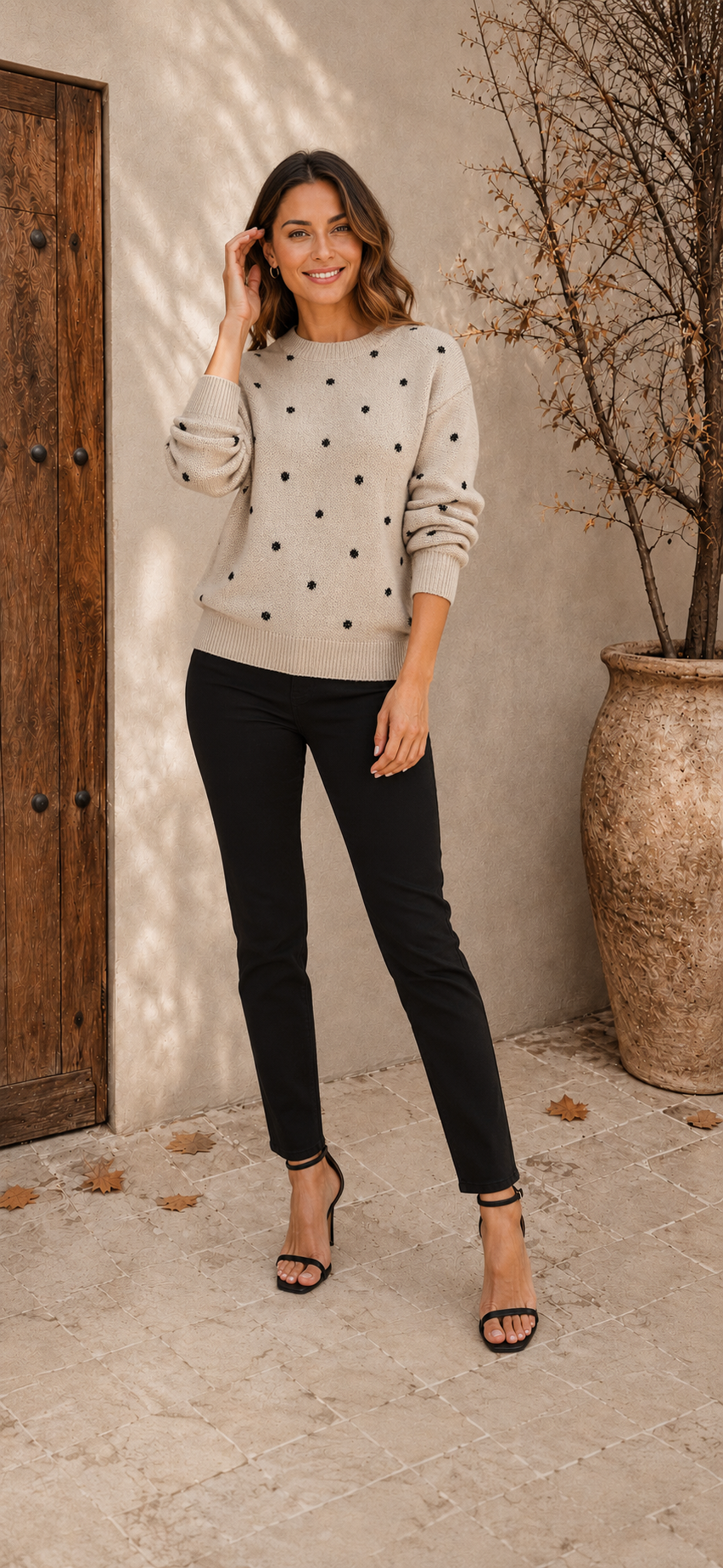 Khaki patterned knit sweater women front view