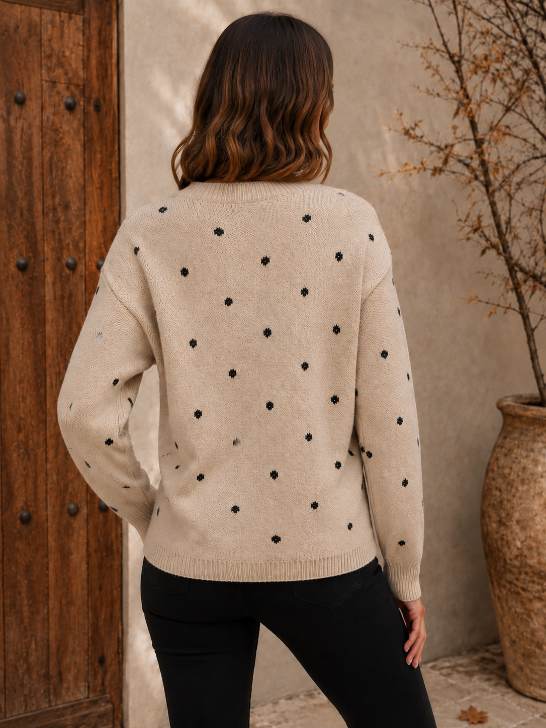 Khaki patterned knit sweater women back view