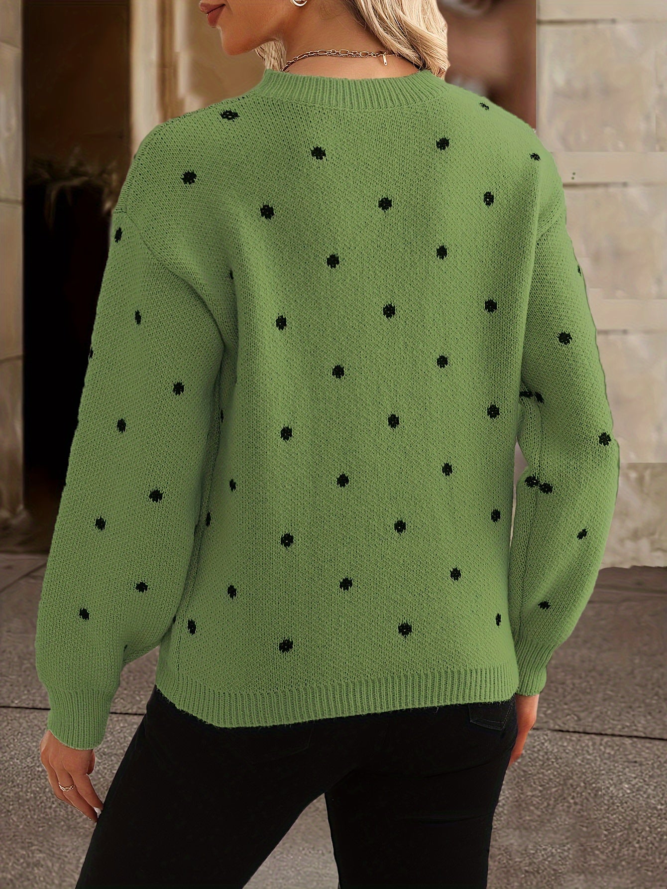 Women's patterned knit sweater full-length view, autumn winter style