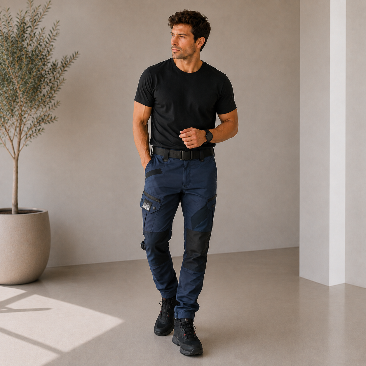 Men's reinforced cargo pants with zippered flap pockets and structured fit