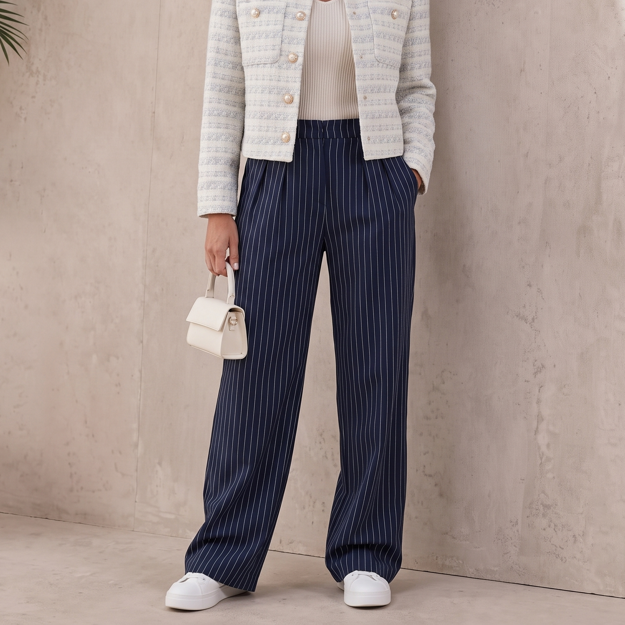 Women's high-waist wide-leg trousers in woven fabric with chalk stripe detail