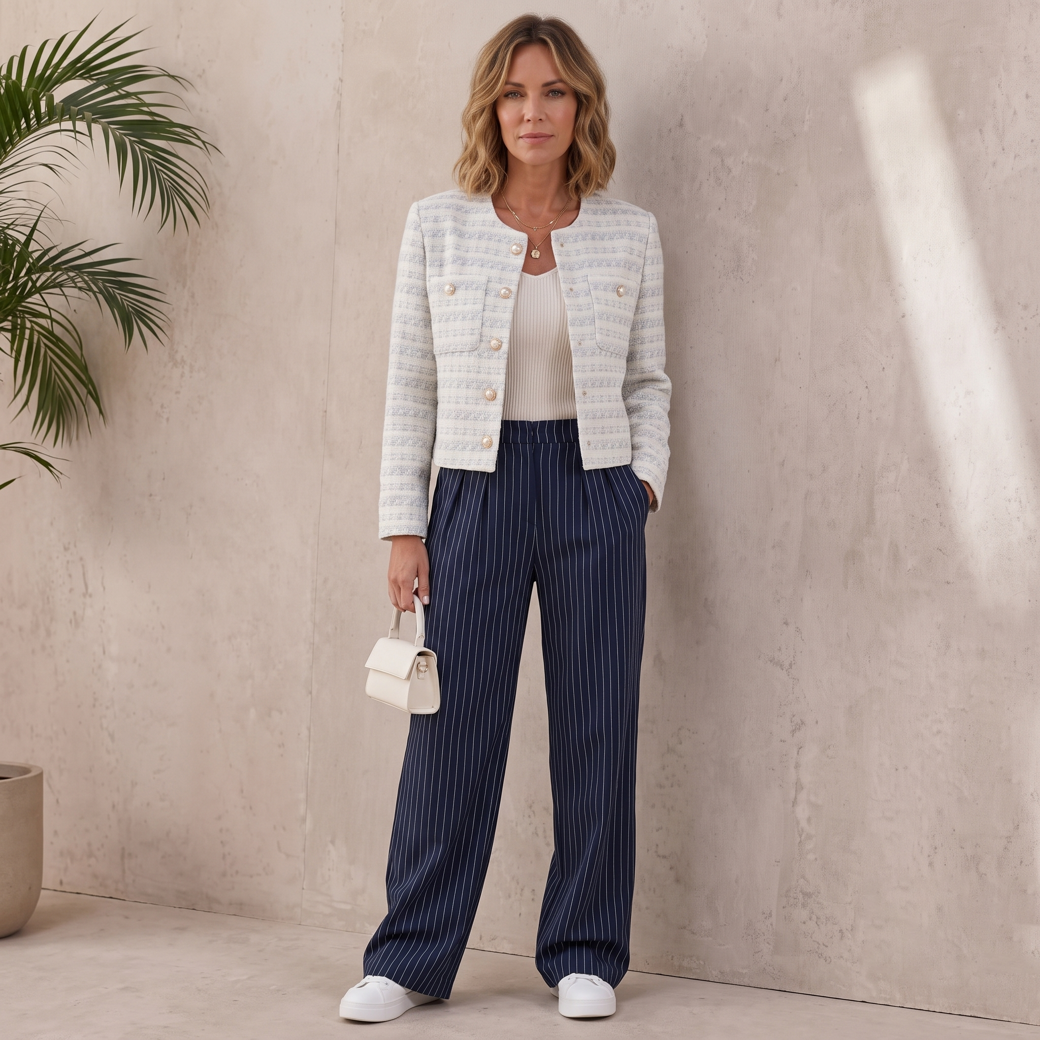 Full-length wide-leg trousers for women with vertical stripe woven fabric