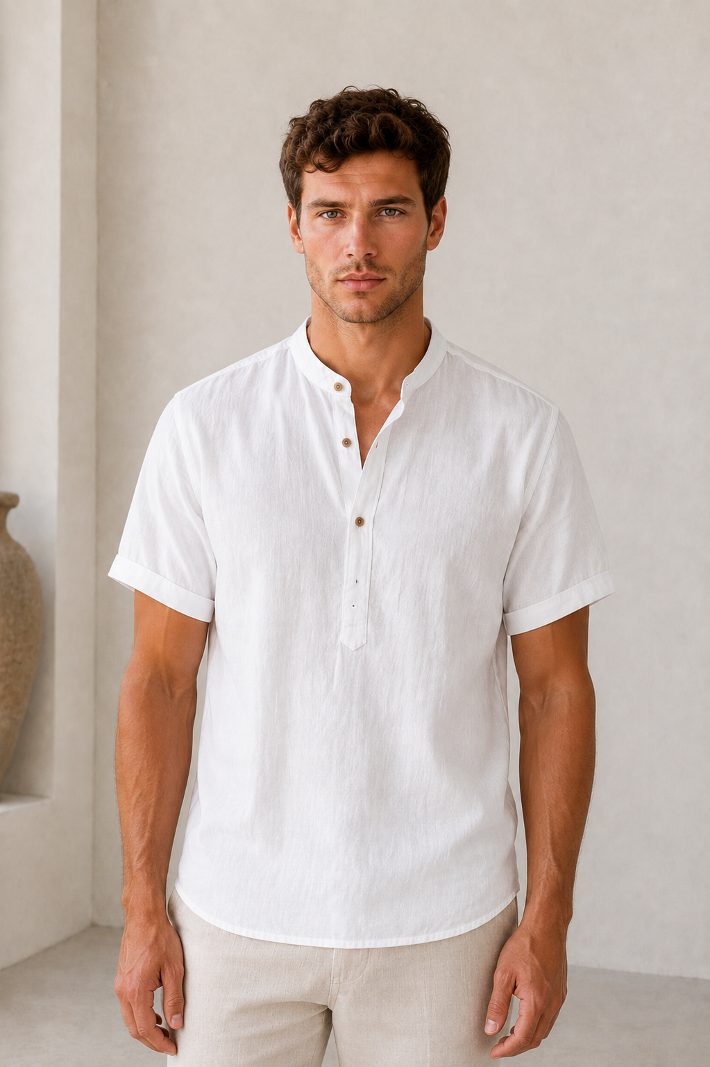 Men's white short sleeve linen shirt with stand-up collar