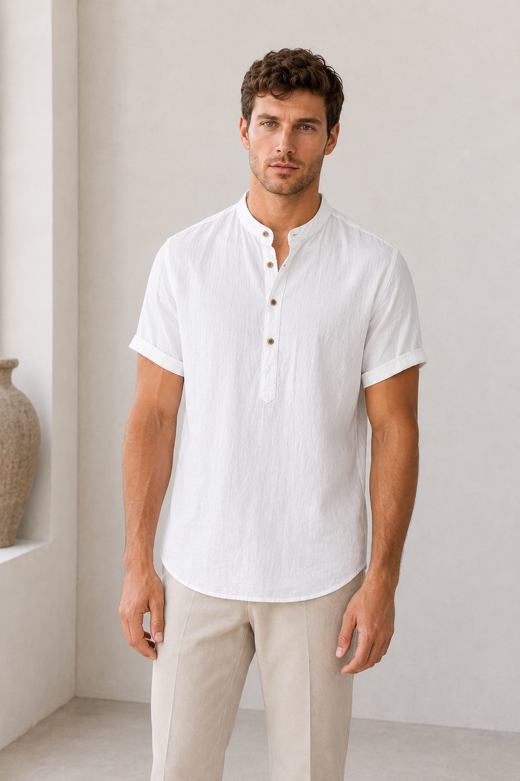 Men's white linen shirt with short sleeves and stand-up collar