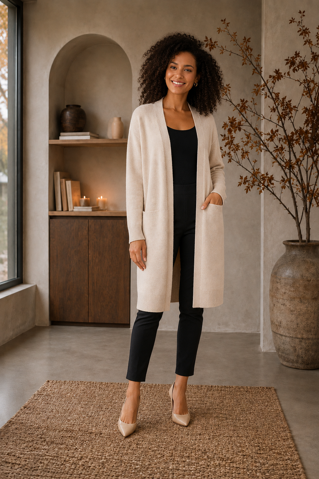 Beige open front knit cardigan women with front pockets