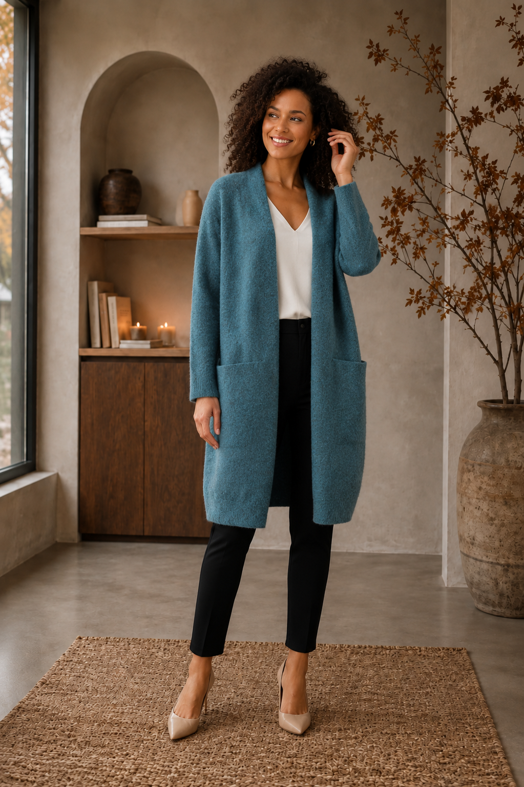 Blue open front long cardigan women