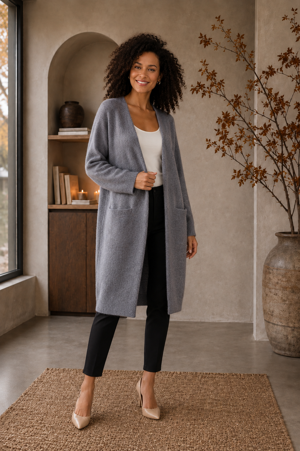 Gray open front knit cardigan women