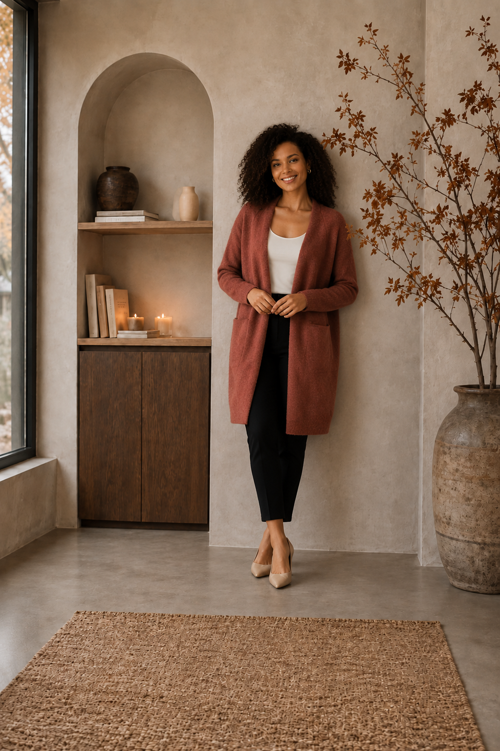Red open front knit cardigan women with pockets