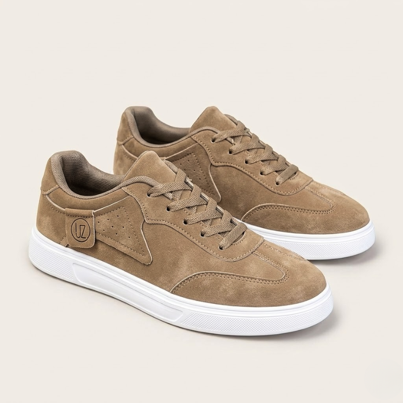 Men's paneled suede lace-up sneakers with perforated detailing and flat rubber sole